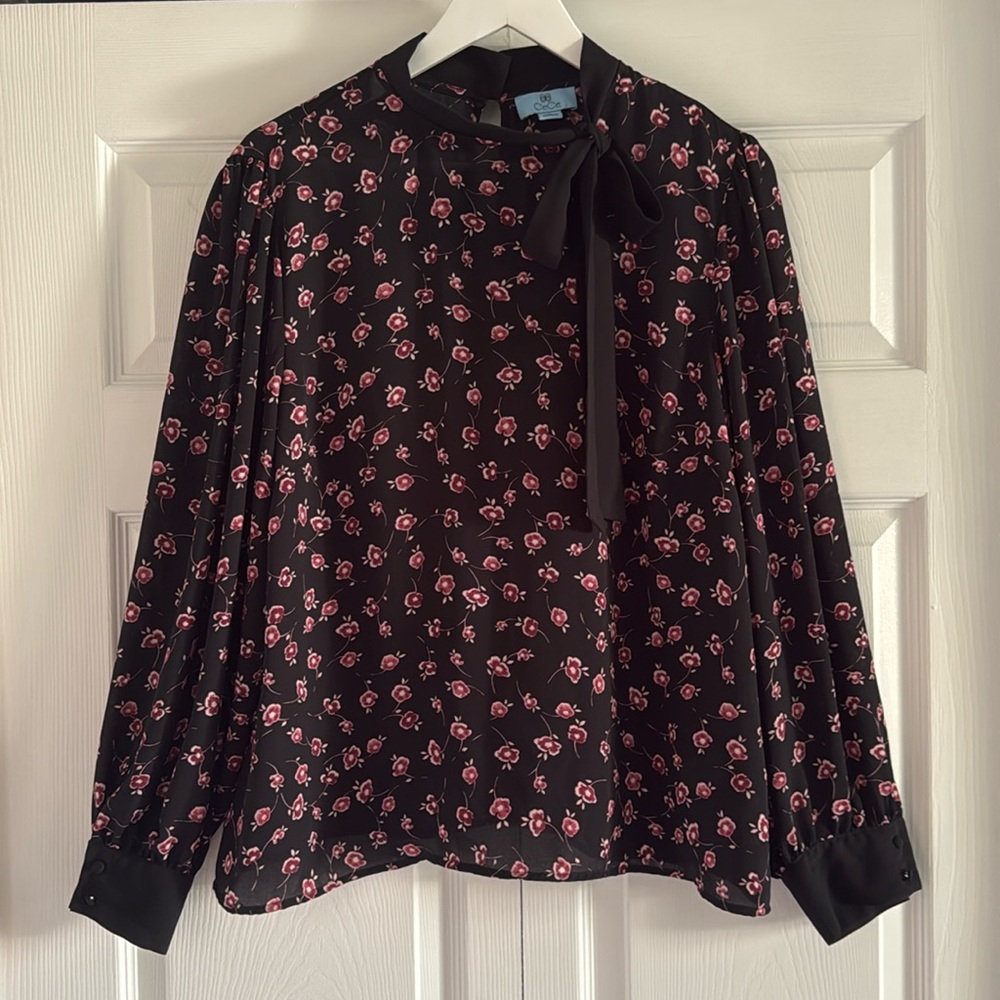 CeCe Black/Pink/White Floral Blouse w/ Bow - Size XLarge